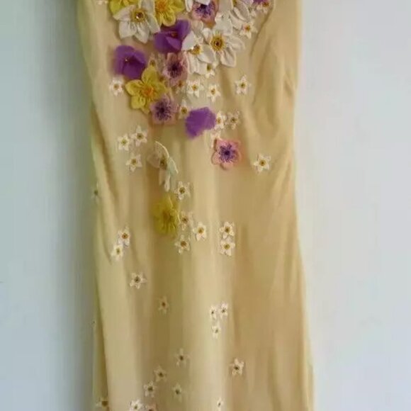 MOSCHINO IVORY LEMON 3D FLOWER APPLIQUES BEADED SILK SLIP DRESS USA 12 IT46 PURP - Picture 9 of 13